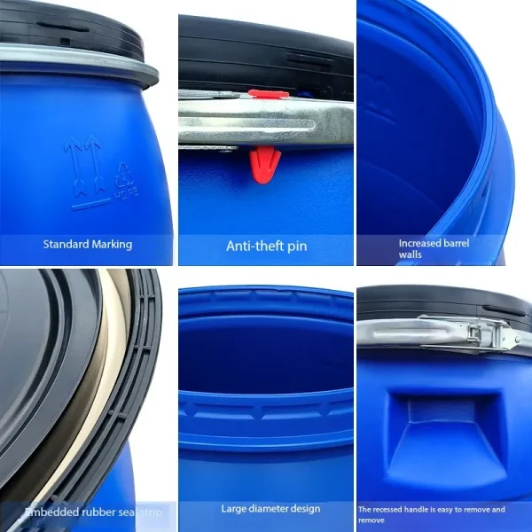 200 Litre HDPE Open Top Blue Plastic Barrel 55 Gallon Recyclable Drum with Iron Hoop