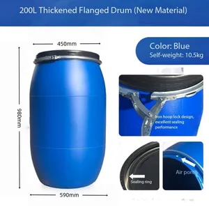 200 Litre HDPE Open Top Blue Plastic Barrel 55 Gallon Recyclable Drum with Iron Hoop