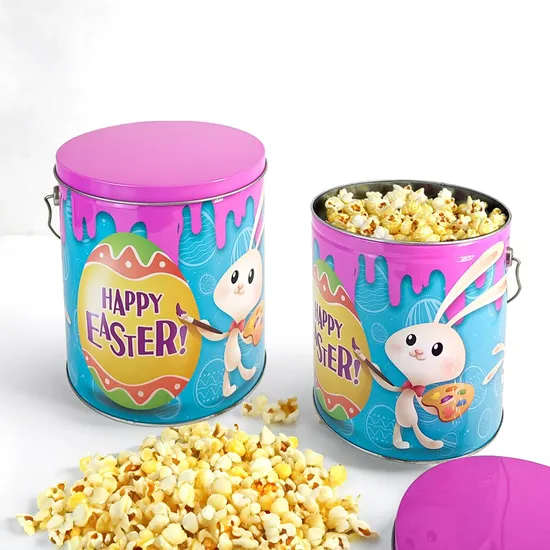Cartoon Handle Metal Popcorn Tin Bucket Food Package Tin Pail with Lid