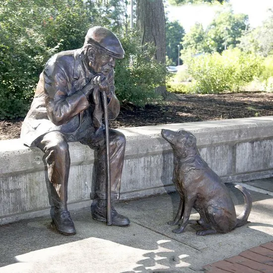 Bronze Sculpture Man and Hound Staring on Park for Decoration