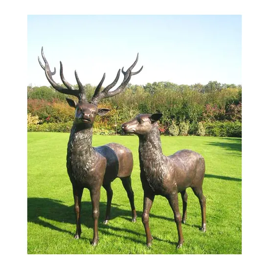 Bronze Playing Woodland-Themed Big Deer Sculpture and Baby on The Lawn