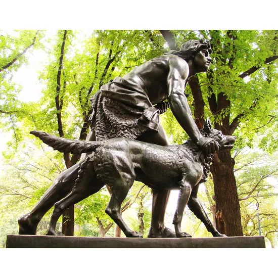 Bronze Sculpture Man and Hound Staring on Park for Decoration