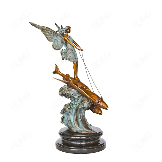 Fantasy Bronze Fairy Riding Fishes Sculpture for Home Decoration